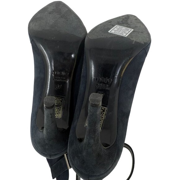 Maje Blue Suede Heels Detachable Brown Faux Fur Cuffs Pointed Toe 37 US 6.5 - Picture 6 of 12